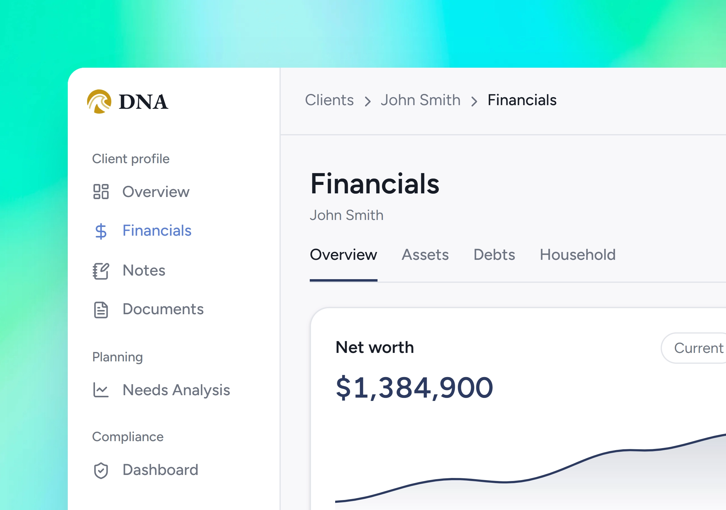 The redesigned DNA app showing a client's Financials page, with a navigation sidebar on the left and a net worth of $1,384,900 above a trend chart.